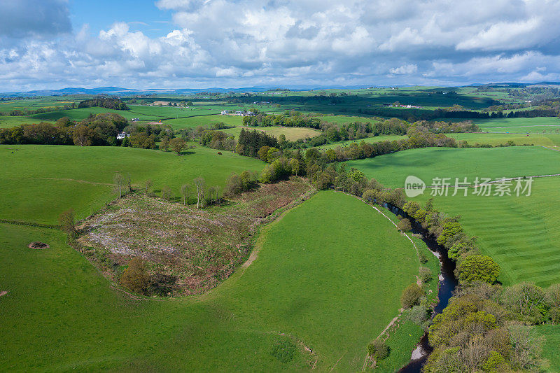 View from a drone of a rural scene in Scotland